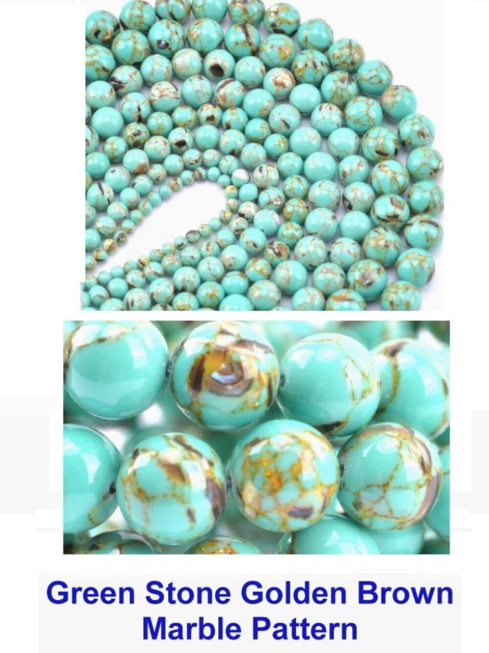 Green Stone Golden Brown Marble Pattern Beads 15" Strand